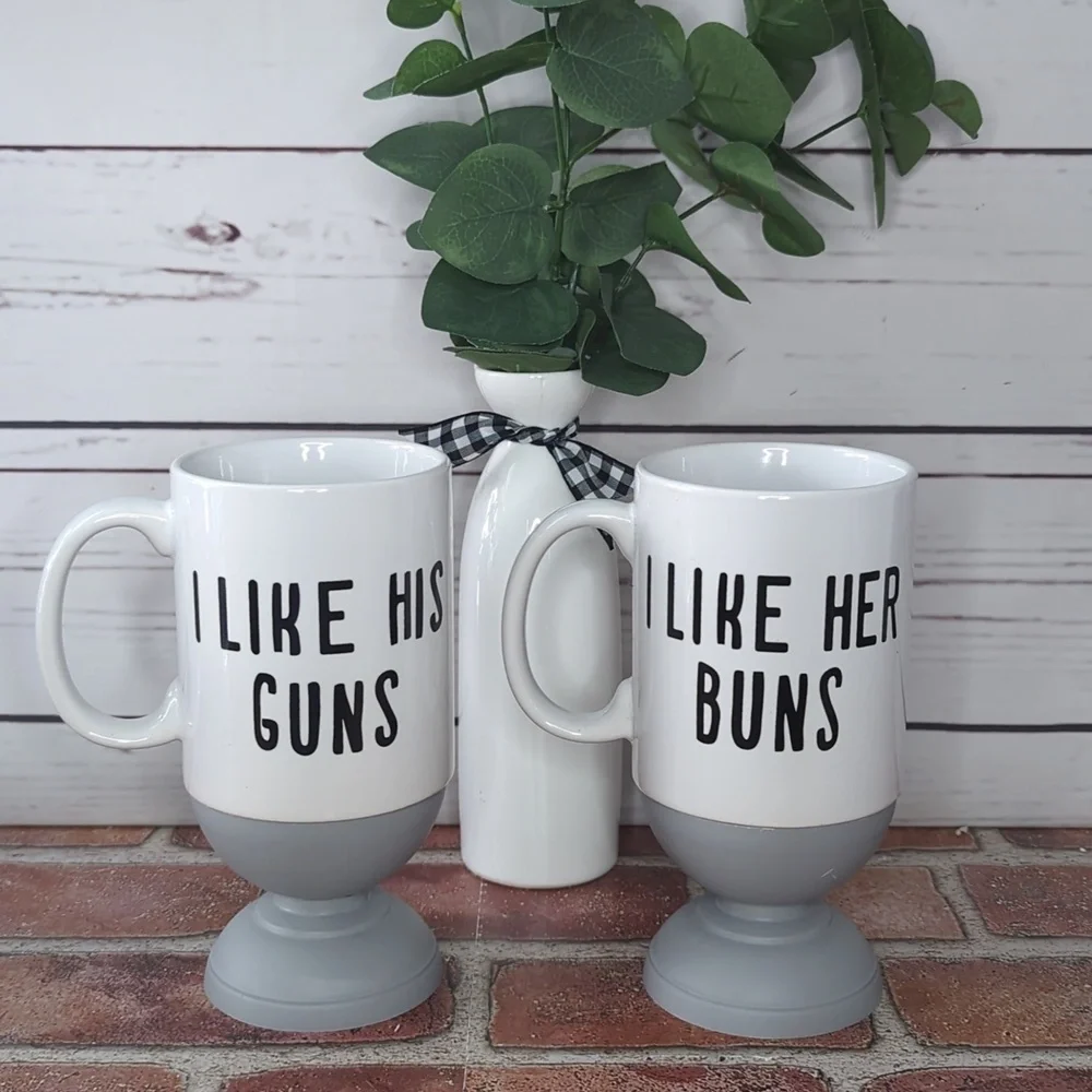 Pair of Guns and Buns Funny Mugs for‎ Couples Husband and Wife Coffee Mugs Gift
